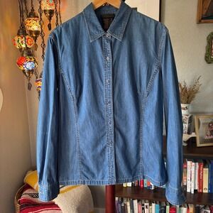 Donna Karan 90s Vintage Button Up Size 16 Fitted Chambray Minimalist Classic